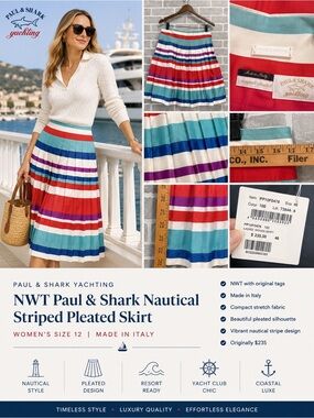Paul‎ & Shark Yachting NWT Italian Striped Pleated Skirt Women 12 Coastal Luxe
